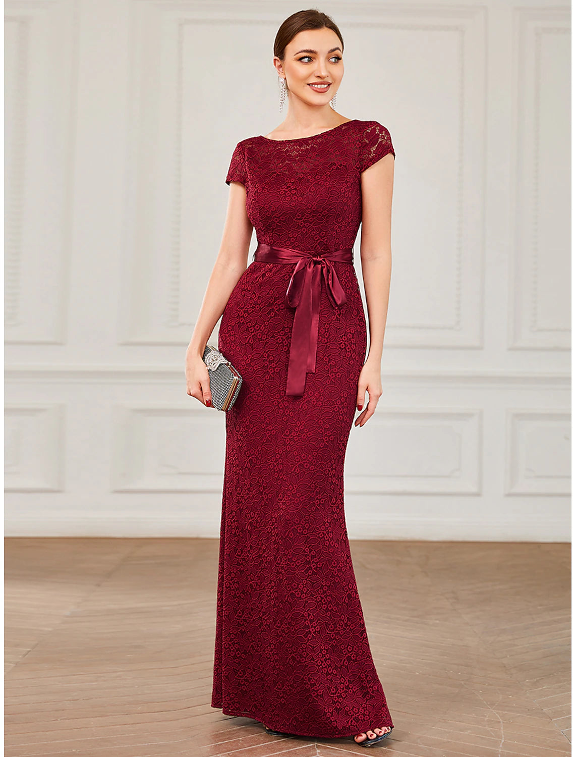 Wholesale  Mermaid / Trumpet Evening Gown Vintage Dress Formal Wedding Guest Floor Length Short Sleeve Jewel Neck Bridesmaid Dress Lace V Back with Strappy